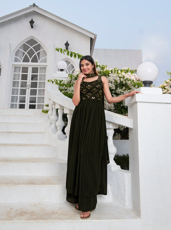 Olive Green Georgette Anarkali Suit with Thread and Sequin Embroidery