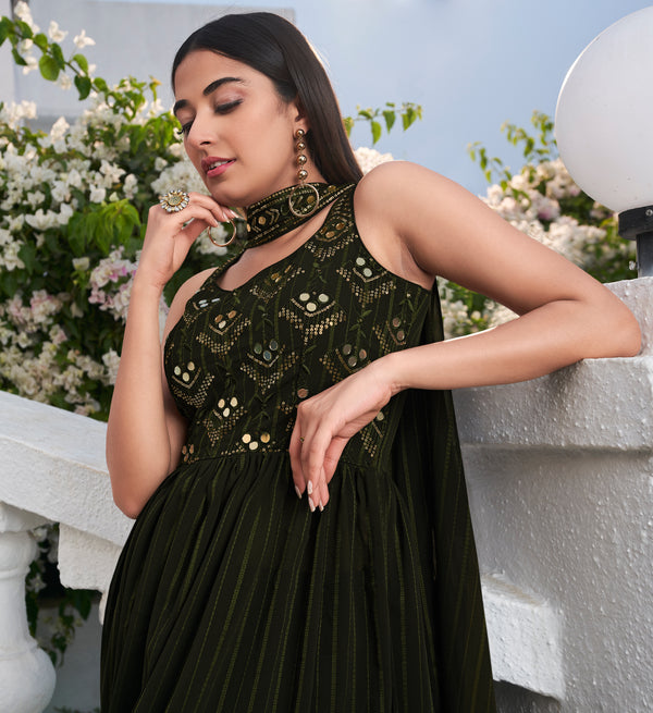 Olive Green Georgette Anarkali Suit with Thread and Sequin Embroidery