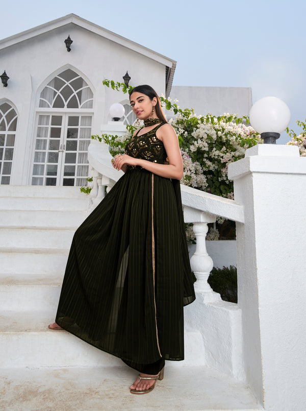 Olive Green Georgette Anarkali Suit with Thread and Sequin Embroidery