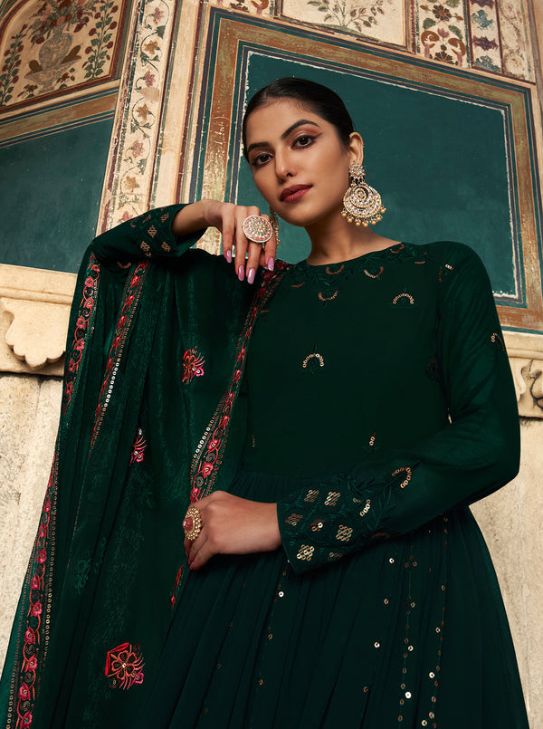 Green Georgette Shimmer Gown with Sequin Embroidery – Elegant Semi-Stitched Outfit