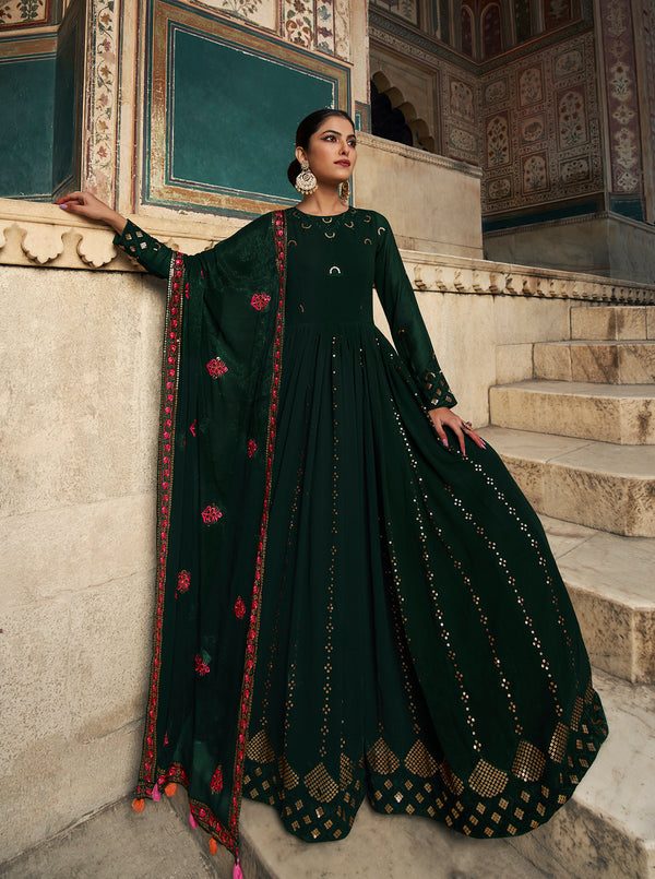 Green Georgette Shimmer Gown with Sequin Embroidery – Elegant Semi-Stitched Outfit