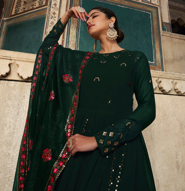 Green Georgette Shimmer Gown with Sequin Embroidery – Elegant Semi-Stitched Outfit