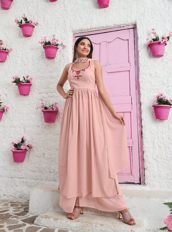 Elegant Peach Georgette Gown with Thread & Sequin Embroidery – XL Size