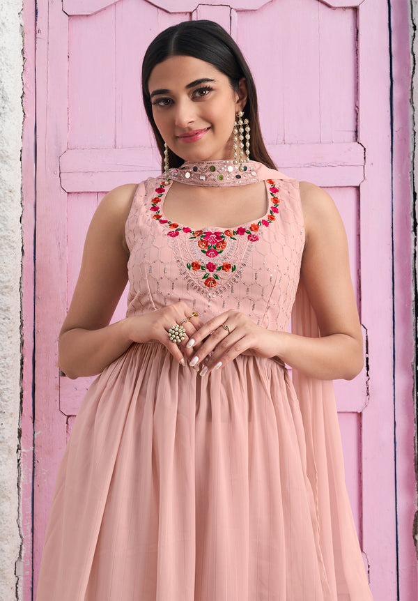 Elegant Peach Georgette Gown with Thread & Sequin Embroidery – XL Size