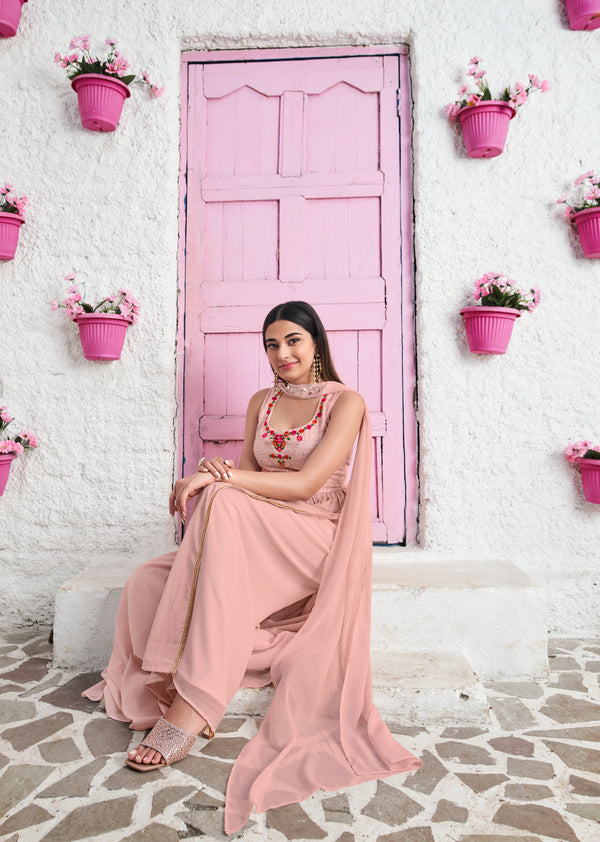 Elegant Peach Georgette Gown with Thread & Sequin Embroidery – XL Size