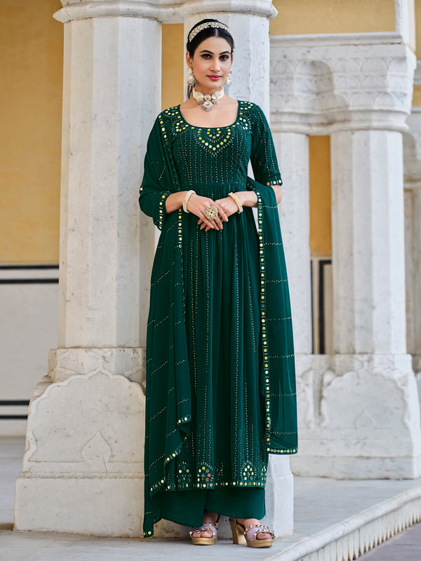 Green Georgette Anarkali Suit with Thread and Sequin Embroidery
