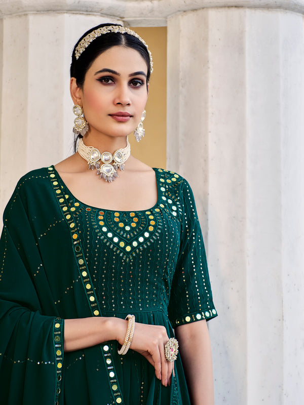 Green Georgette Anarkali Suit with Thread and Sequin Embroidery
