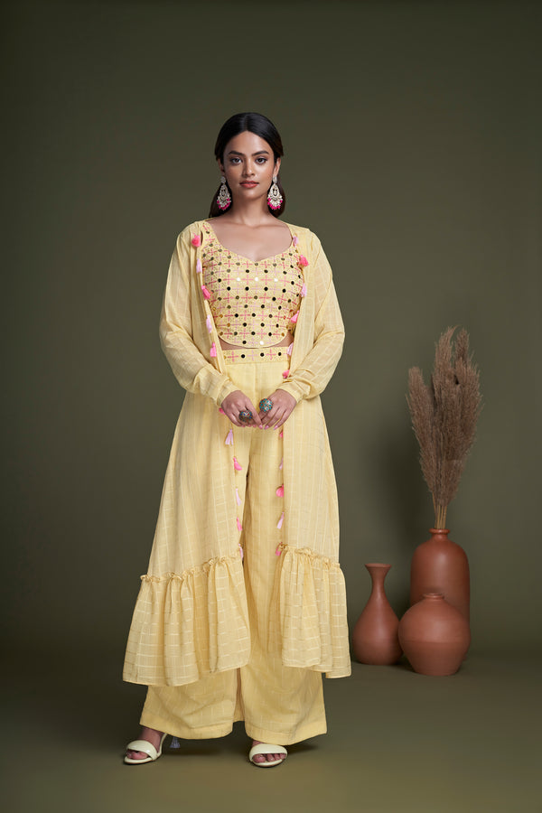 Yellow Weaving Georgette Salwar Kameez with Embroidered Work Belt