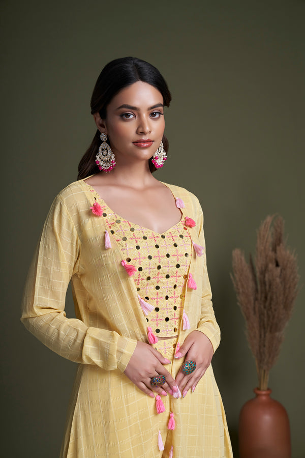 Yellow Weaving Georgette Salwar Kameez with Embroidered Work Belt