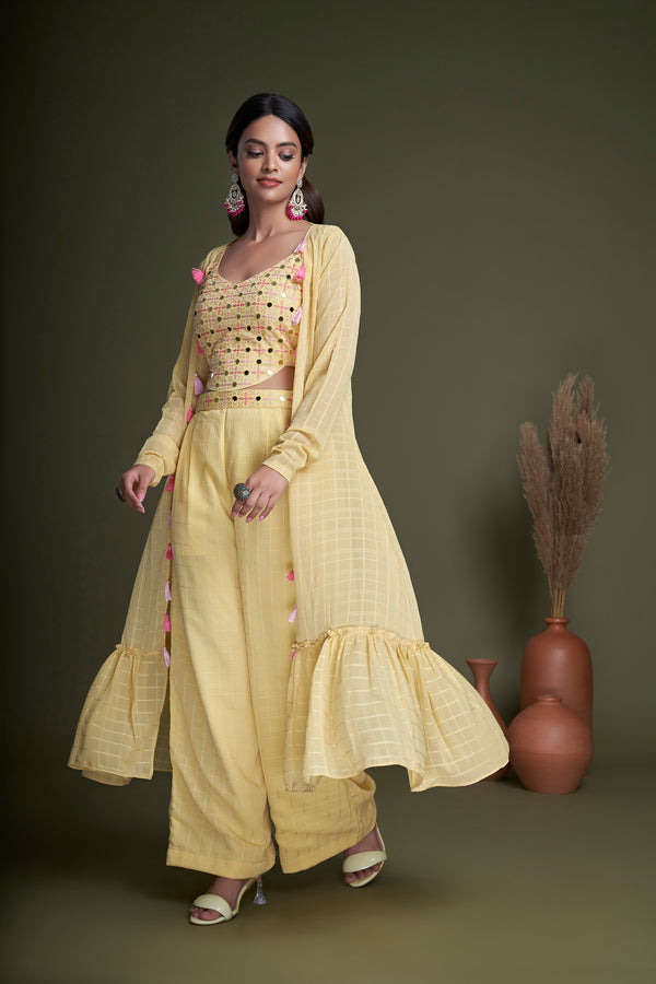 Yellow Weaving Georgette Salwar Kameez with Embroidered Work Belt