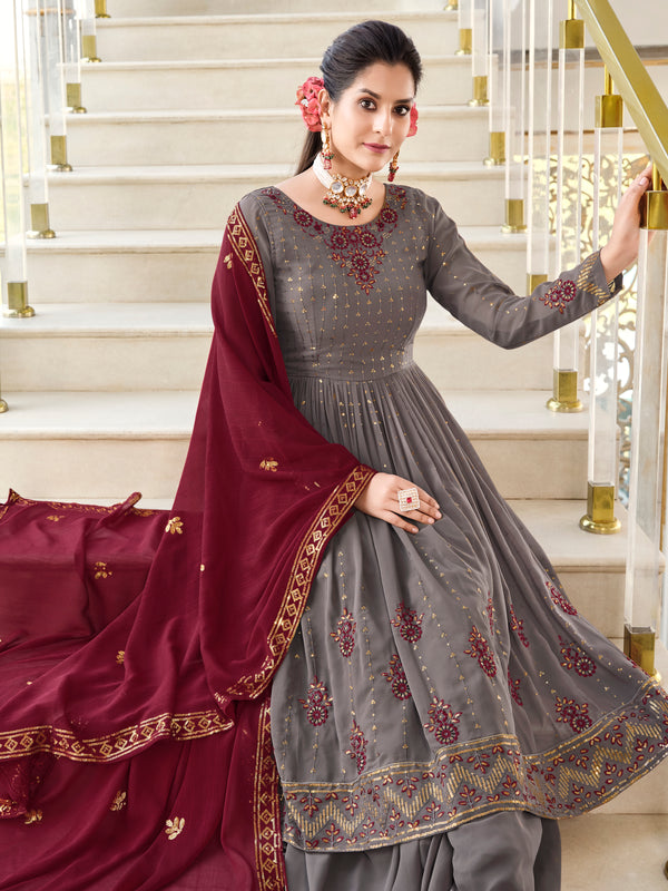Grey Georgette Anarkali Suit with Exquisite Embroidery