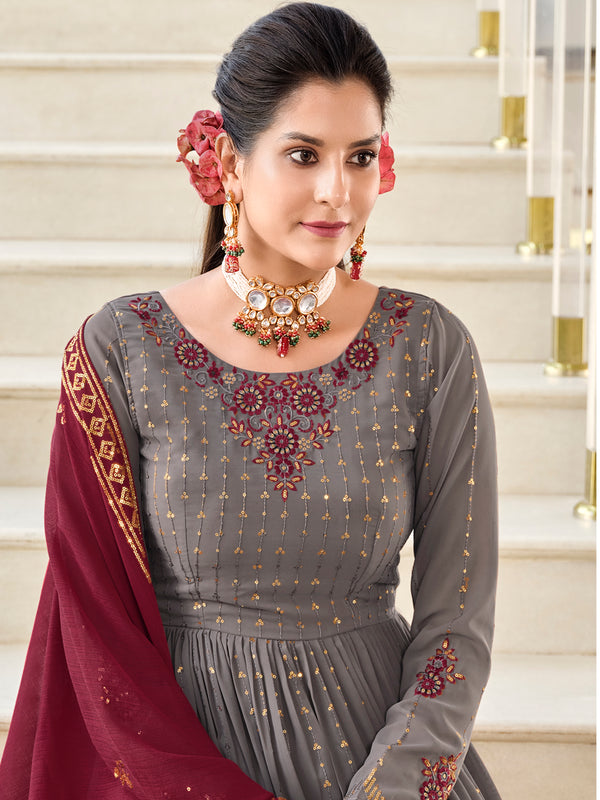 Grey Georgette Anarkali Suit with Exquisite Embroidery