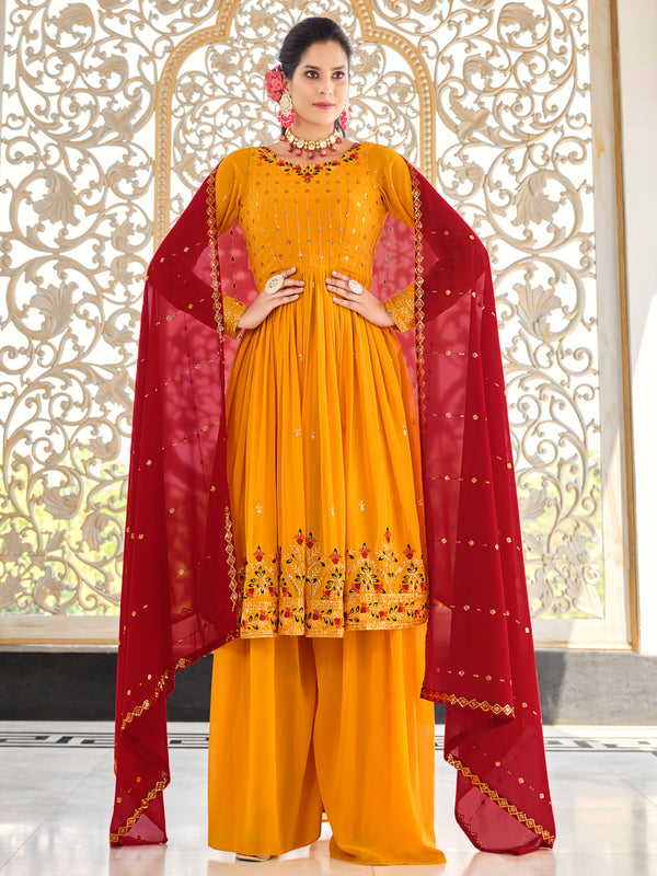Mustard Yellow Georgette Anarkali Suit with Elegant Embroidery