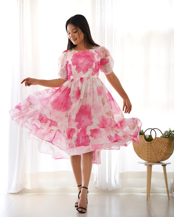 Summer Special Floral Print Organza Silk One-Piece Dress – Ready to Wear