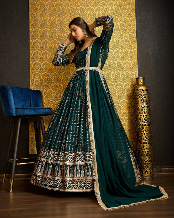 Green Faux Georgette Ready-to-Wear Gown with Metallic Foil & Sequin Embroidery