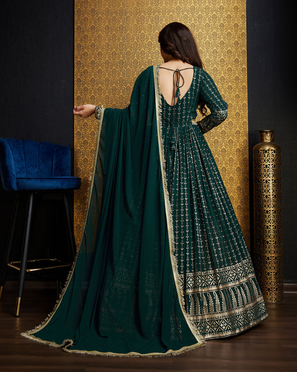 Green Faux Georgette Ready-to-Wear Gown with Metallic Foil & Sequin Embroidery