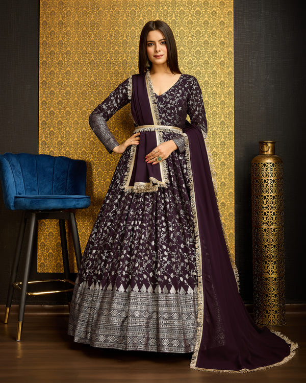 Purple Faux Georgette ReadytoWear Gown with Metallic Foil & Sequin Embroidery