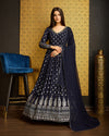 Navy Blue Faux Georgette Ready-to-Wear Gown with Metallic Foil, Handwork & Sequin Embroidery