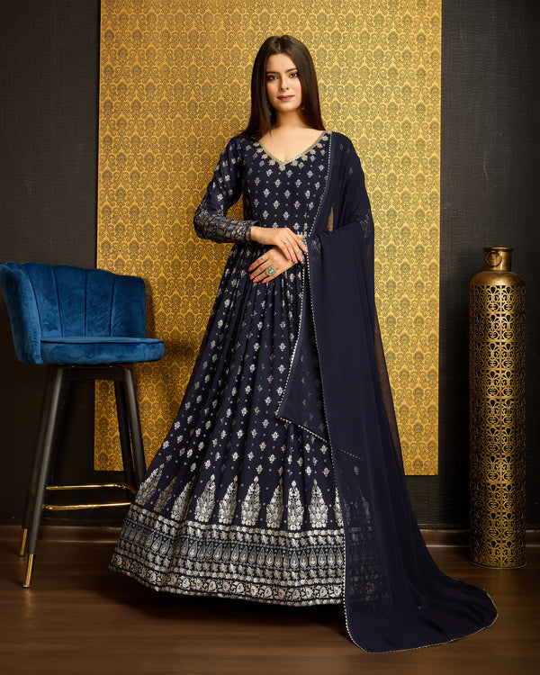 Navy Blue Faux Georgette Ready-to-Wear Gown with Metallic Foil, Handwork & Sequin Embroidery