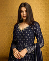 Navy Blue Faux Georgette Ready-to-Wear Gown with Metallic Foil, Handwork & Sequin Embroidery