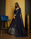 Navy Blue Faux Georgette Ready-to-Wear Gown with Metallic Foil, Handwork & Sequin Embroidery