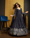Navy Blue Faux Georgette Ready-to-Wear Gown with Metallic Foil, Handwork & Sequin Embroidery