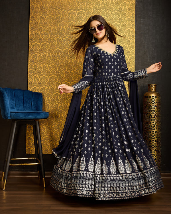 Navy Blue Faux Georgette Ready-to-Wear Gown with Metallic Foil, Handwork & Sequin Embroidery