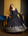 Navy Blue Faux Georgette Ready-to-Wear Gown with Metallic Foil, Handwork & Sequin Embroidery