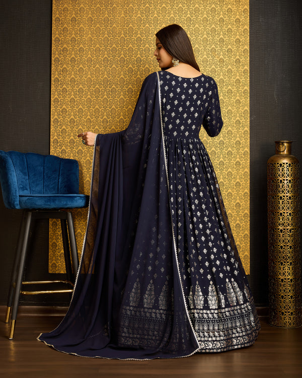 Navy Blue Faux Georgette Ready-to-Wear Gown with Metallic Foil, Handwork & Sequin Embroidery