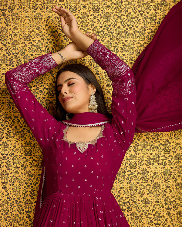 Rani Pink Faux Georgette Ready-to-Wear Gown with Metallic Foil, Handwork & Sequin Embroidery