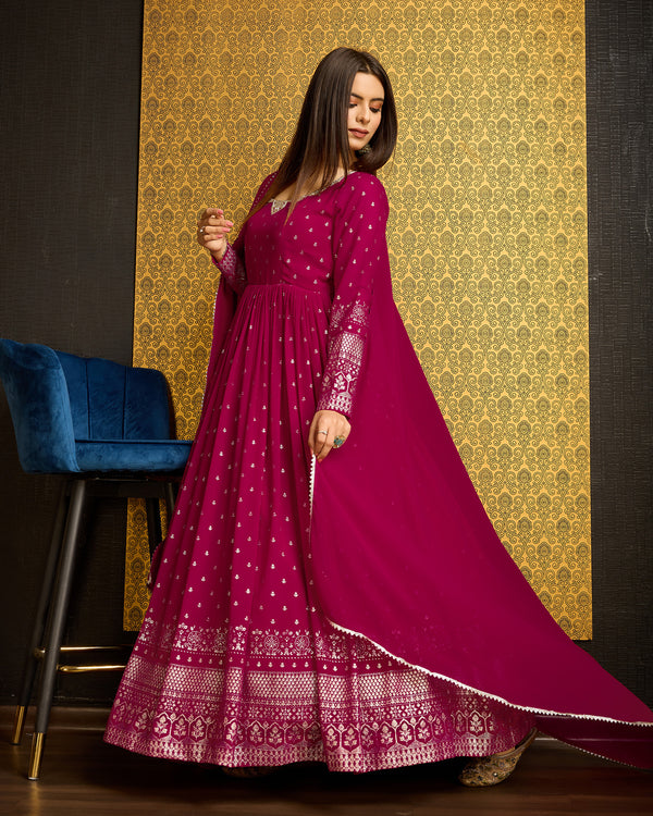Rani Pink Faux Georgette Ready-to-Wear Gown with Metallic Foil, Handwork & Sequin Embroidery