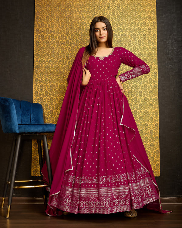 Rani Pink Faux Georgette Ready-to-Wear Gown with Metallic Foil, Handwork & Sequin Embroidery
