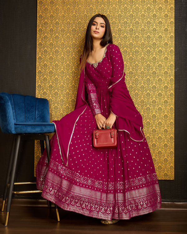 Rani Pink Faux Georgette Ready-to-Wear Gown with Metallic Foil, Handwork & Sequin Embroidery
