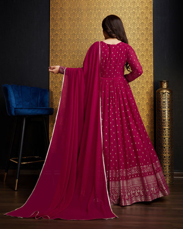 Rani Pink Faux Georgette Ready-to-Wear Gown with Metallic Foil, Handwork & Sequin Embroidery