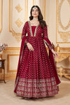 Red Faux Georgette Ready to Wear Gown with Metallic Foil & Sequin Embroidery