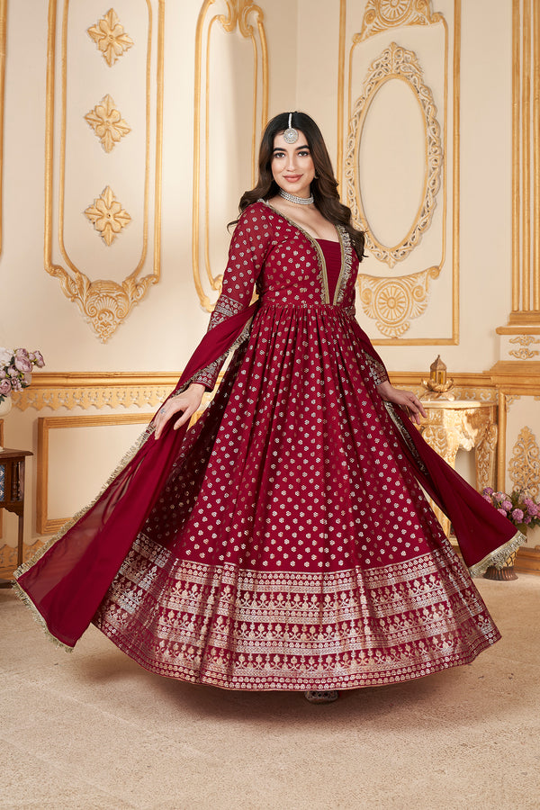 Red Faux Georgette Ready to Wear Gown with Metallic Foil & Sequin Embroidery