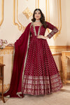 Red Faux Georgette Ready to Wear Gown with Metallic Foil & Sequin Embroidery