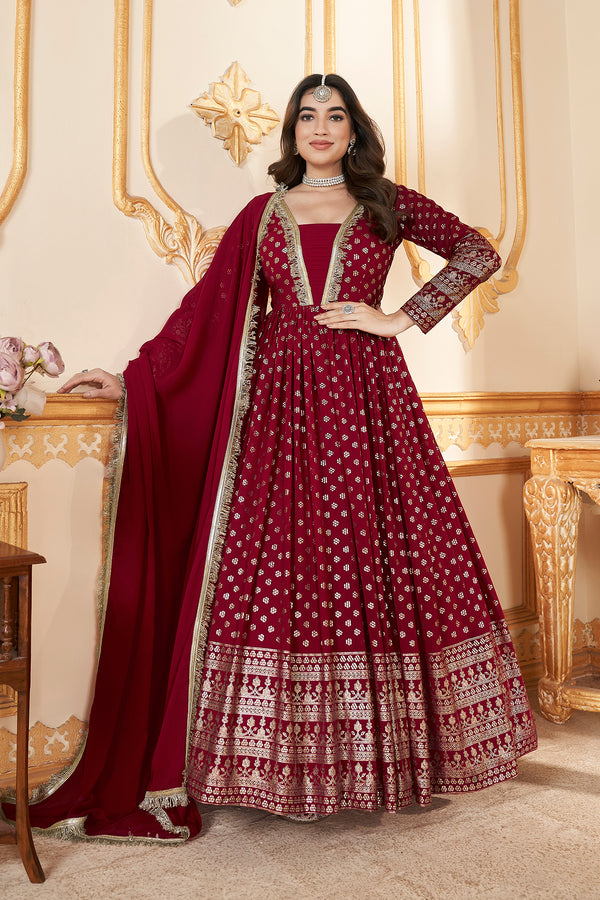 Red Faux Georgette Ready to Wear Gown with Metallic Foil & Sequin Embroidery