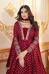 Red Faux Georgette Ready to Wear Gown with Metallic Foil & Sequin Embroidery