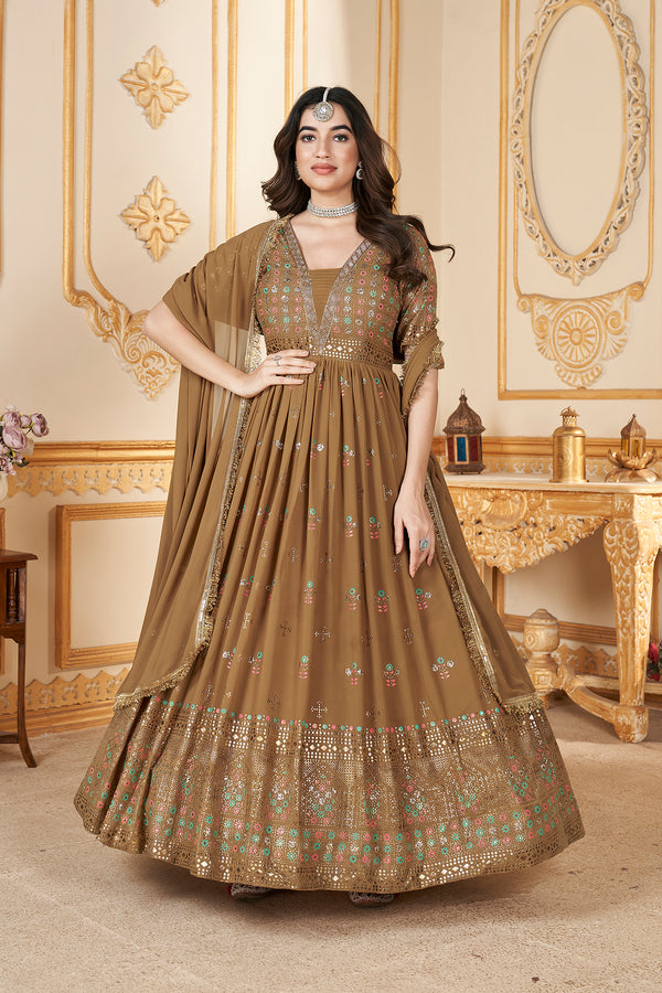 Mustard Yellow Faux Georgette Ready-to-Wear Gown with Metallic Foil & Sequin Embroidery