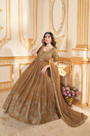 Mustard Yellow Faux Georgette Ready-to-Wear Gown with Metallic Foil & Sequin Embroidery
