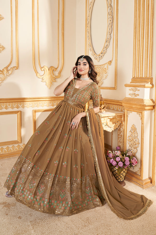 Mustard Yellow Faux Georgette Ready-to-Wear Gown with Metallic Foil & Sequin Embroidery