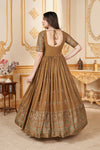 Mustard Yellow Faux Georgette Ready-to-Wear Gown with Metallic Foil & Sequin Embroidery