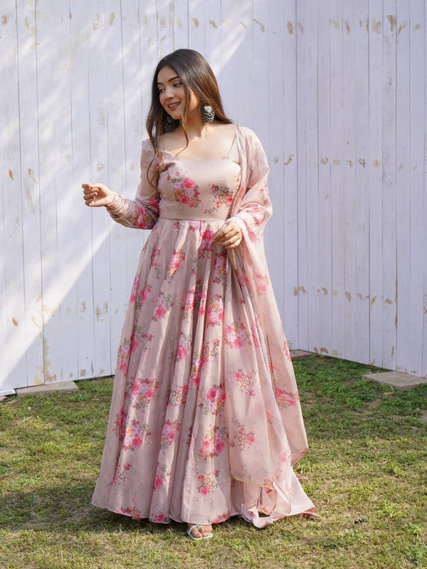 Elegant Dusty Hue Tabby Organza Silk Anarkali Set – Fully Stitched with Dupatta & Belt