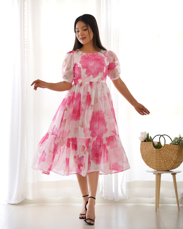 Summer Special Floral Print Organza Silk One-Piece Dress – Ready to Wear