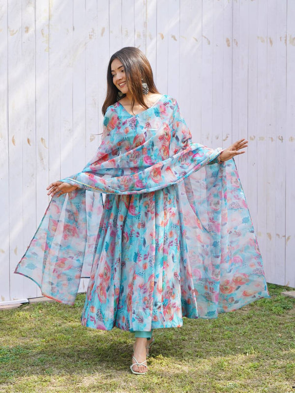 Elegant Tabby Organza Silk Anarkali Set – Fully Stitched with Dupatta & Pant