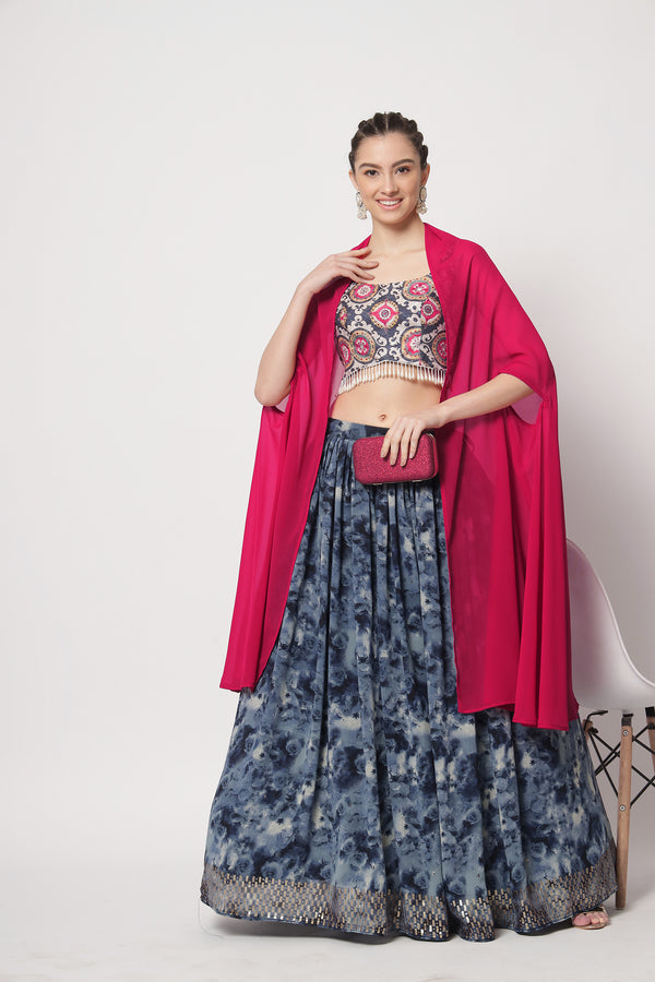 Navy Blue Chinon Silk Semi-Stitched Lehenga with Sequence Work