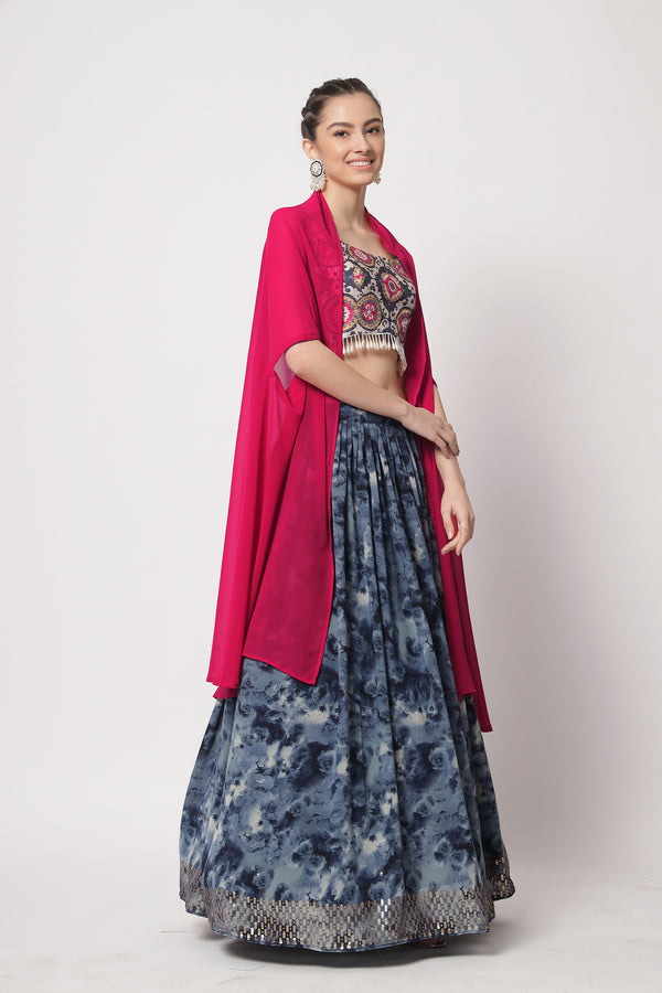 Navy Blue Chinon Silk Semi-Stitched Lehenga with Sequence Work