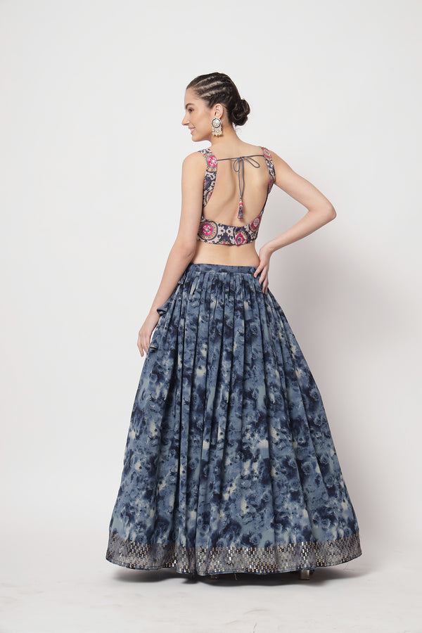 Navy Blue Chinon Silk Semi-Stitched Lehenga with Sequence Work
