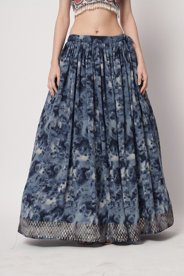 Navy Blue Chinon Silk Semi-Stitched Lehenga with Sequence Work